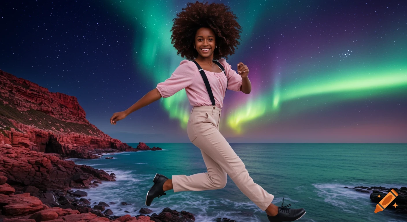 A young girl leaps in front of a vibrant green and purple aurora borealis, a starry sky, and a coastal landscape.
