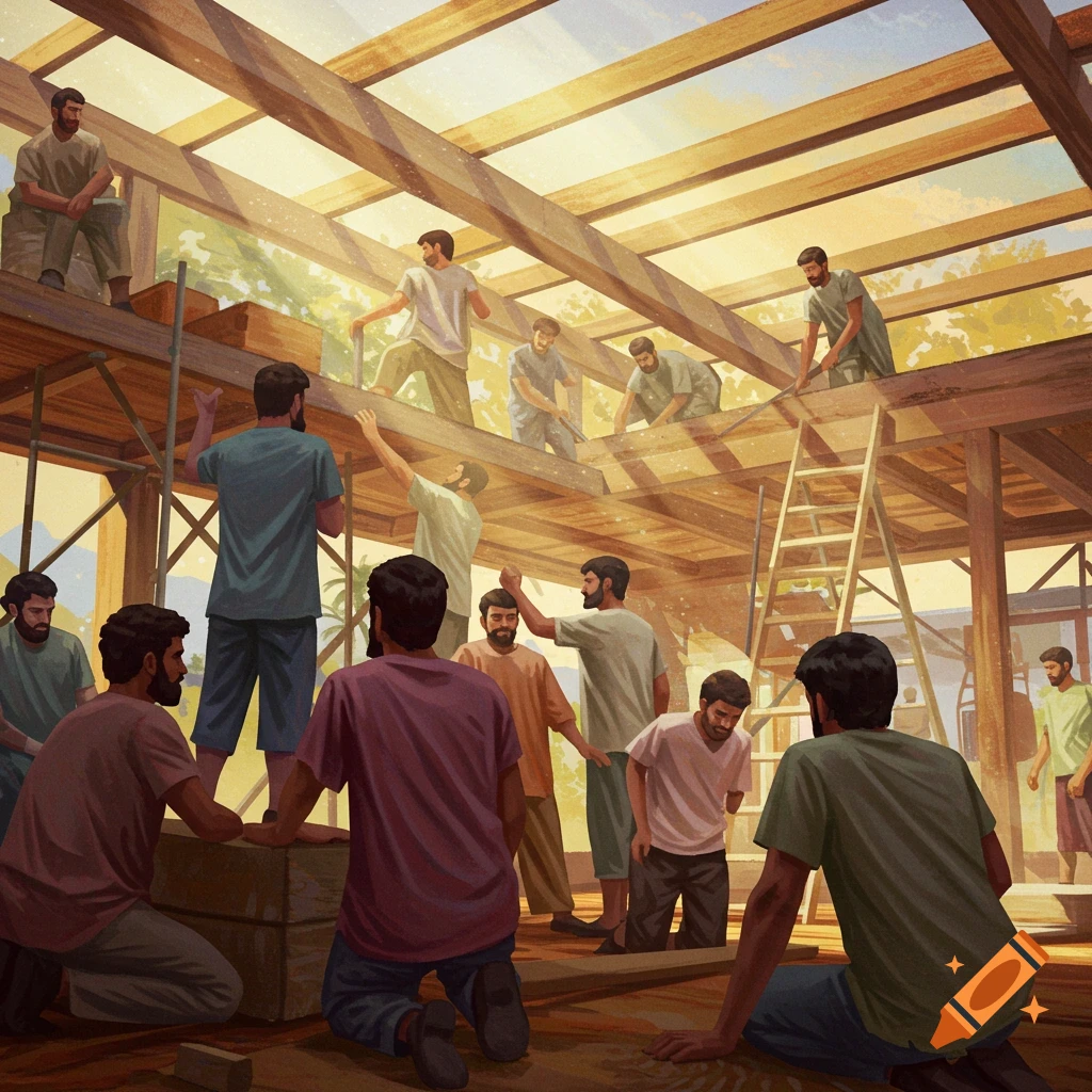 Illustration of a group of men building a wooden roof structure.