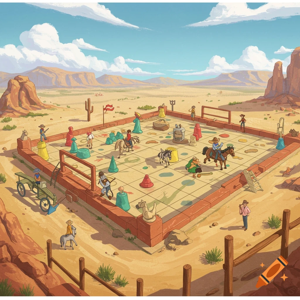 Illustration of a giant board game set in a desert with people playing as pieces and figures.