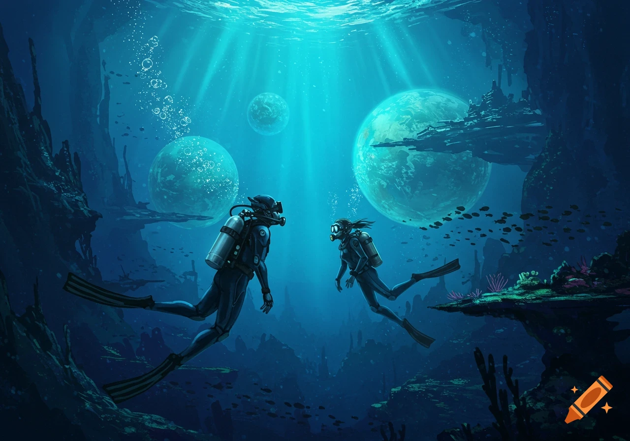Two divers explore a vibrant underwater cave with glowing alien planets visible overhead, sci-fi fantasy art style.