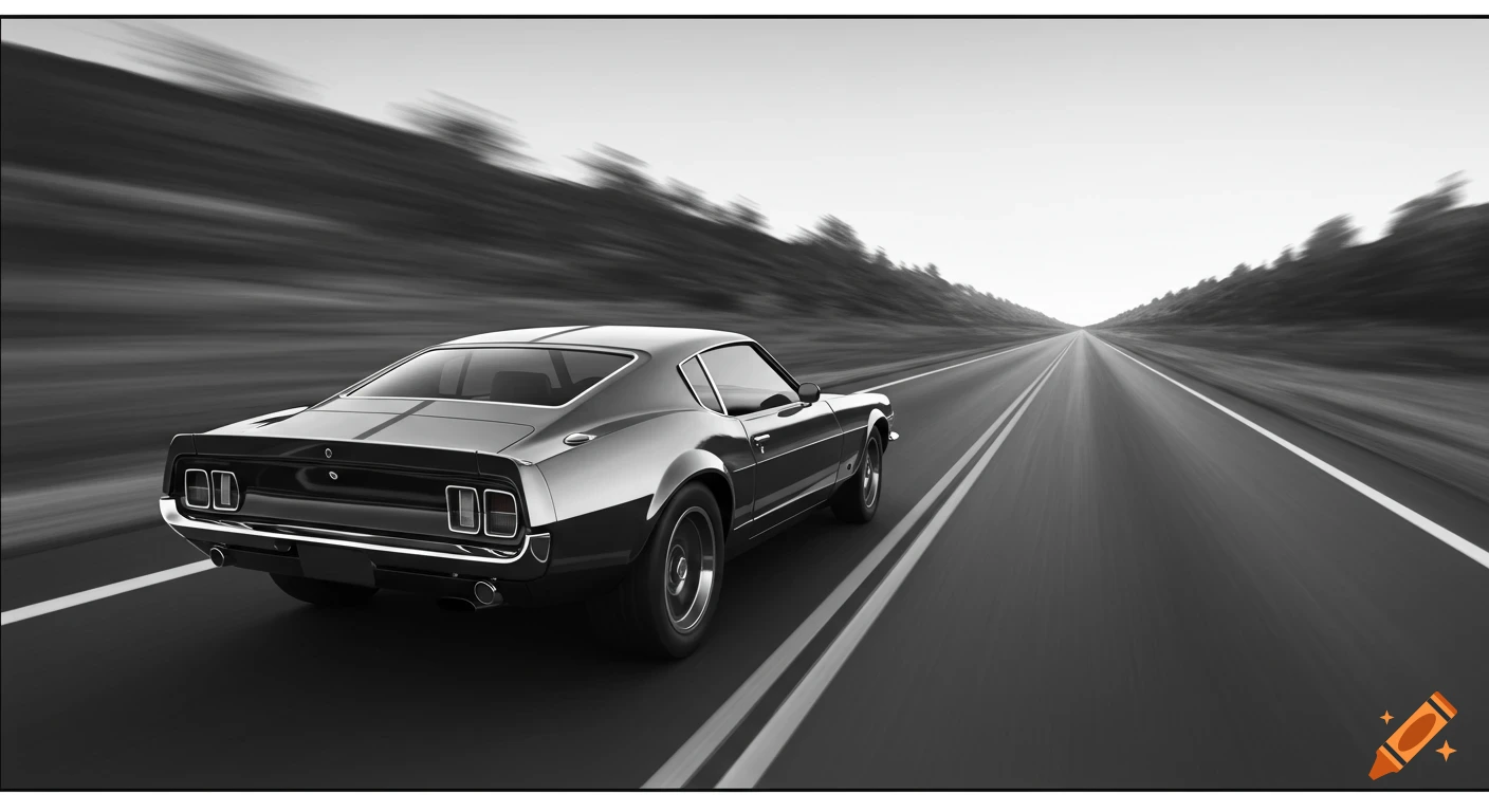 Black and white photo of a classic car speeding down a highway with motion blur.