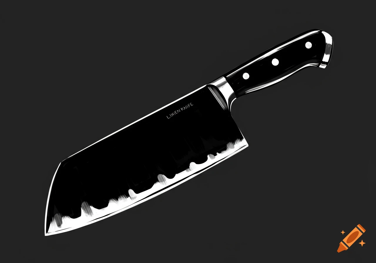 Black and white illustration of a large kitchen knife or cleaver.