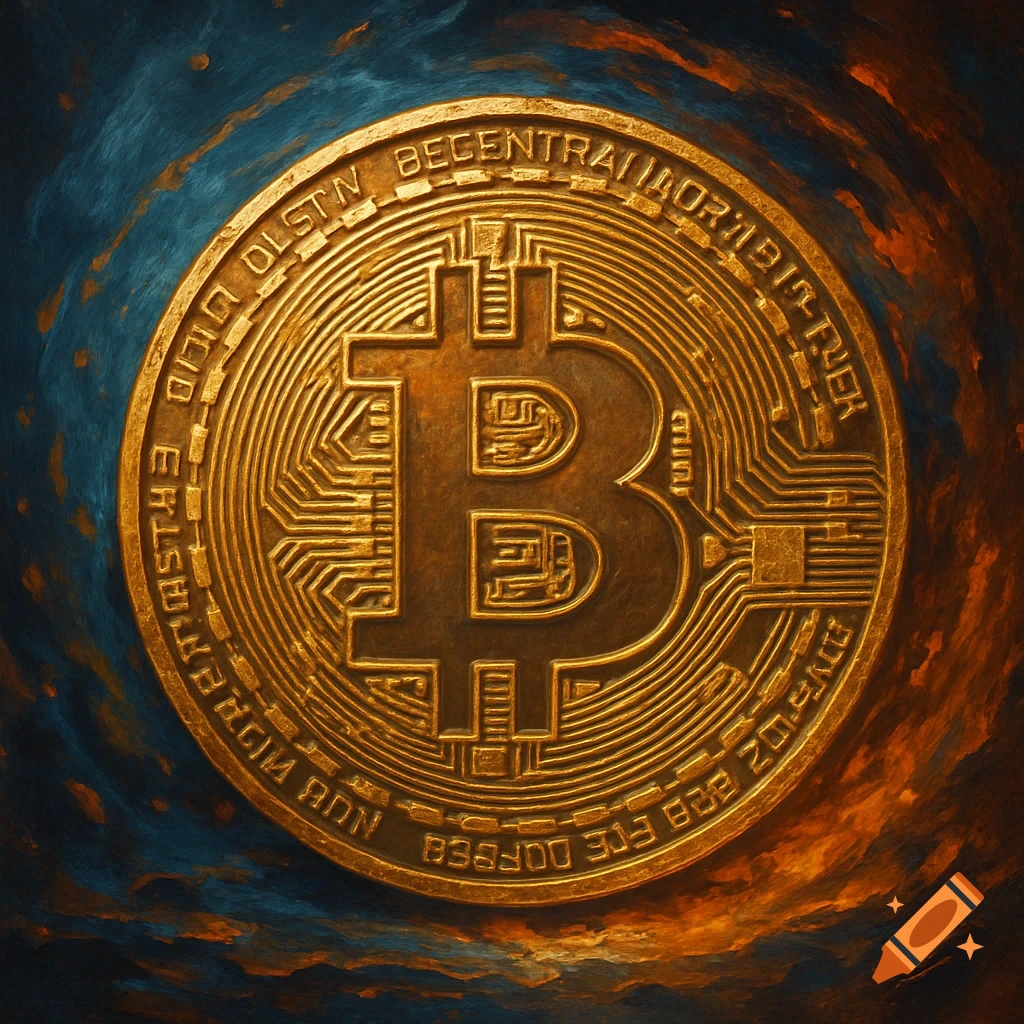 Close-up of a textured golden coin with a Bitcoin logo and circuit patterns against a swirling blue and orange background.