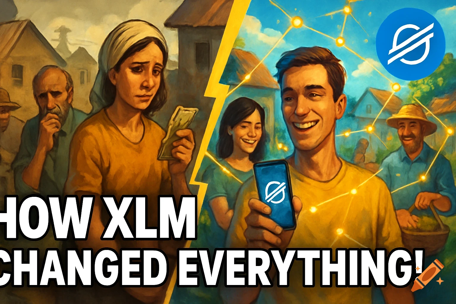 Illustration showing a village split: one side with people holding cash, the other with people using smartphones and the Stellar logo, with overlay text 'HOW XLM CHANGED EVERYTHING!'