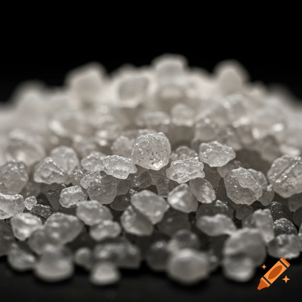 Macro close-up of translucent salt crystals piled on a black background.