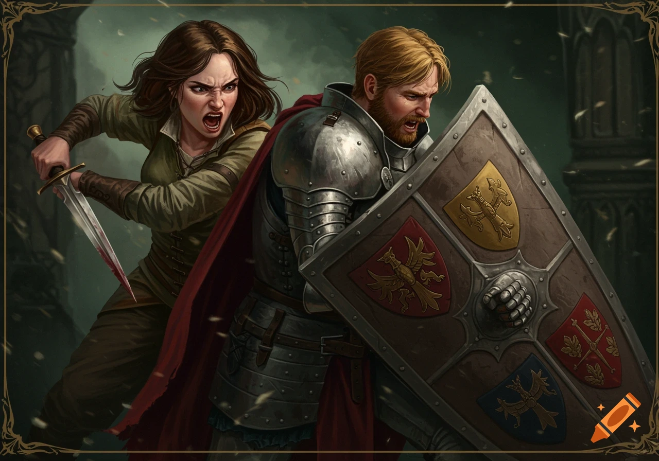 A woman attacks a knight from behind with a dagger while he raises a shield, in a dark fantasy illustration.