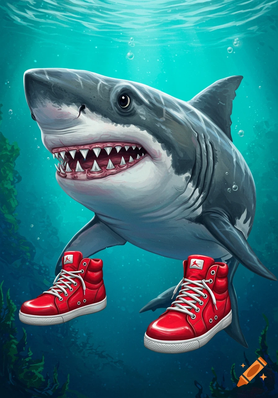 Illustration of a shark underwater wearing red high-top shoes.