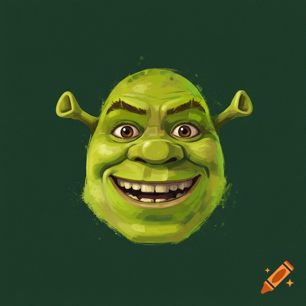 An illustration of Shrek's smiling face on a dark green background.