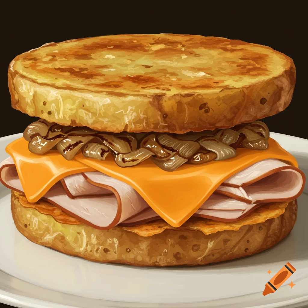 Close-up of a sandwich with cheese, meat, and onions on a plate.