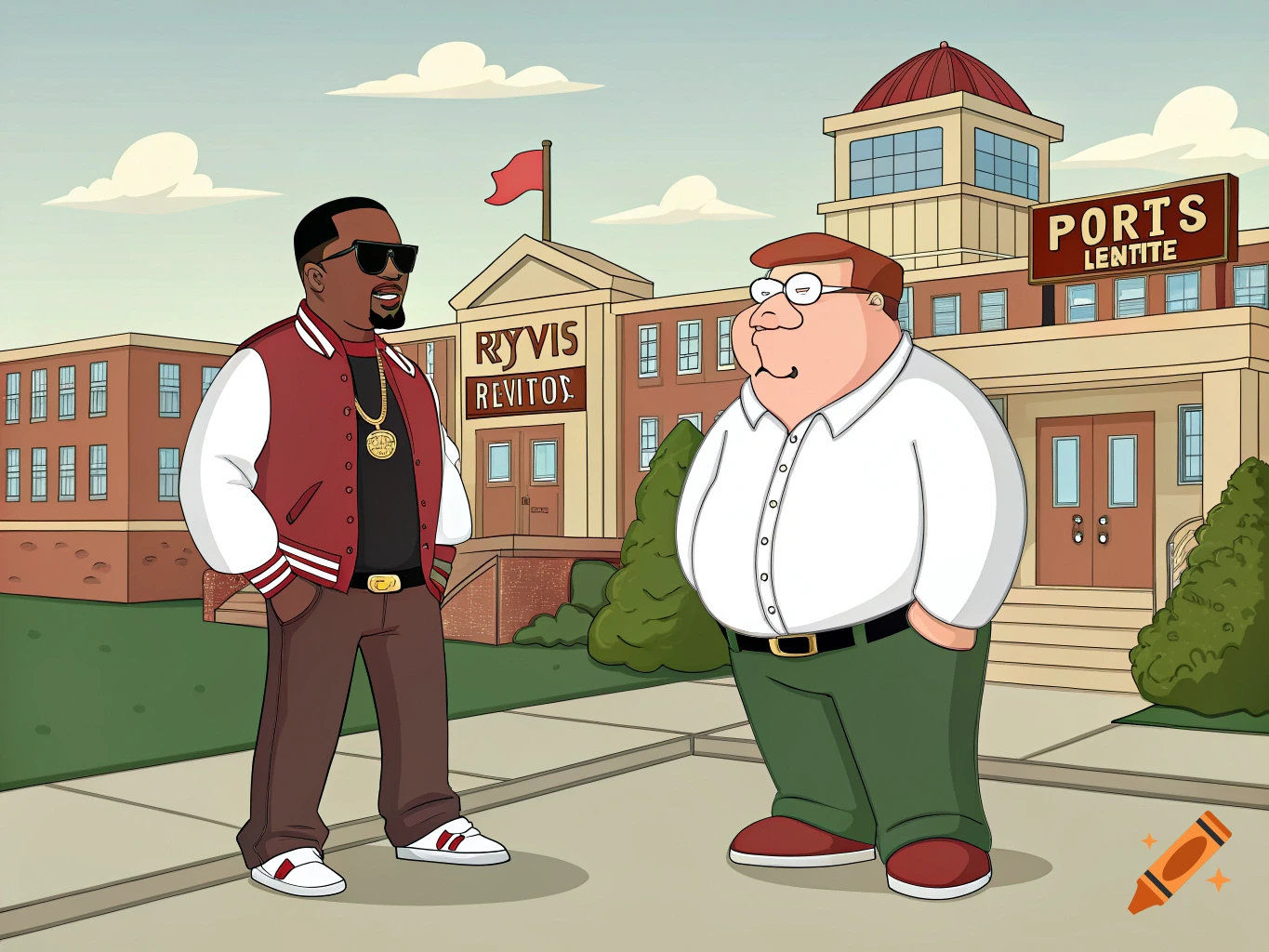 Two cartoon characters, one resembling Diddy and one Peter Griffin, stand outside a school building.