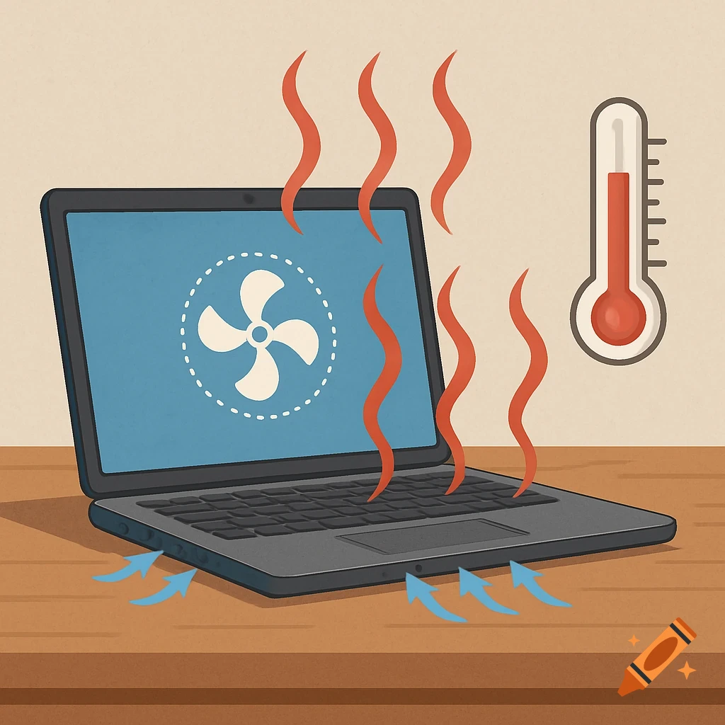 Illustration of a hot laptop with heat waves and air arrows, a fan icon on screen, and a thermometer nearby.