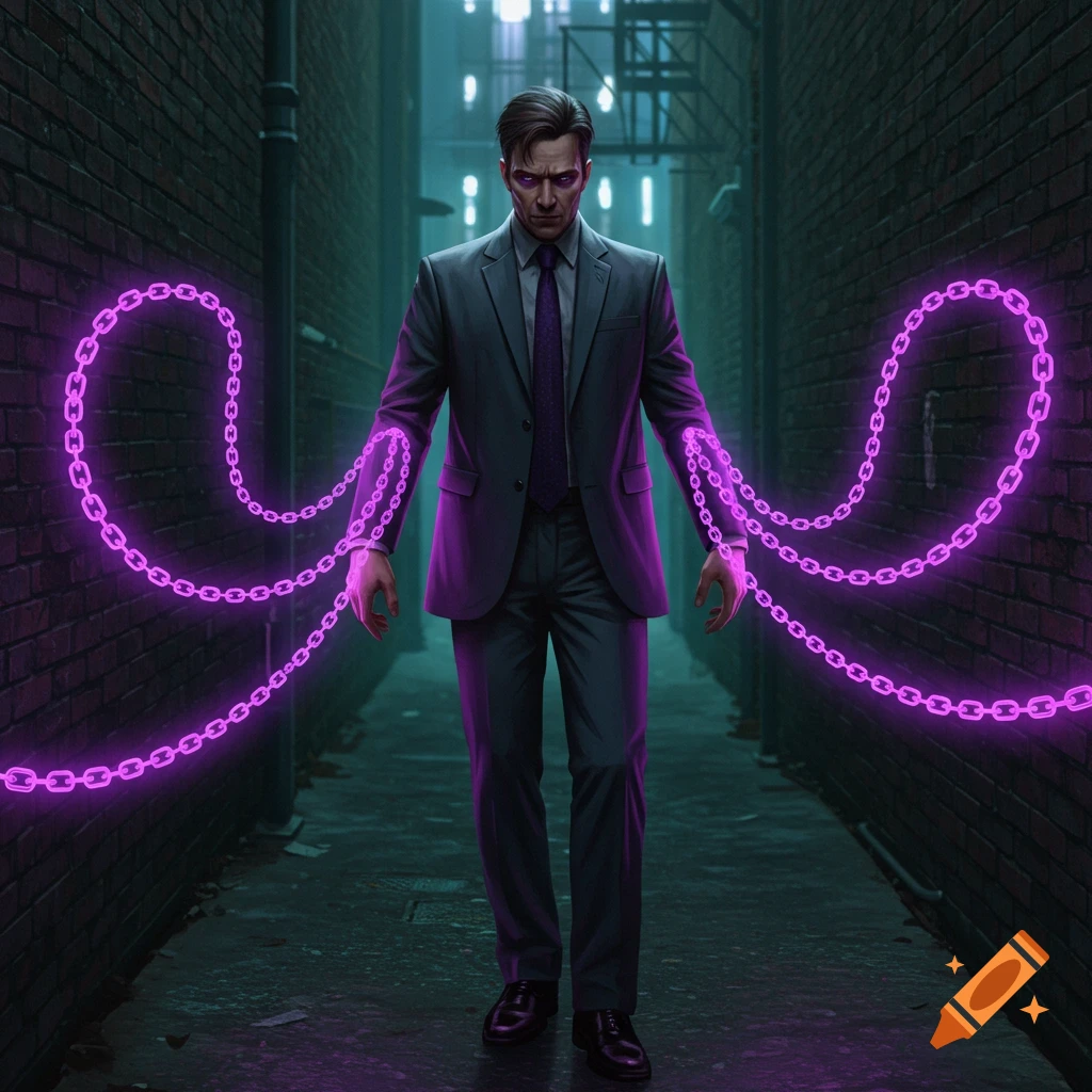 A man in a suit stands in a dark alley with glowing purple chains emanating from his wrists.