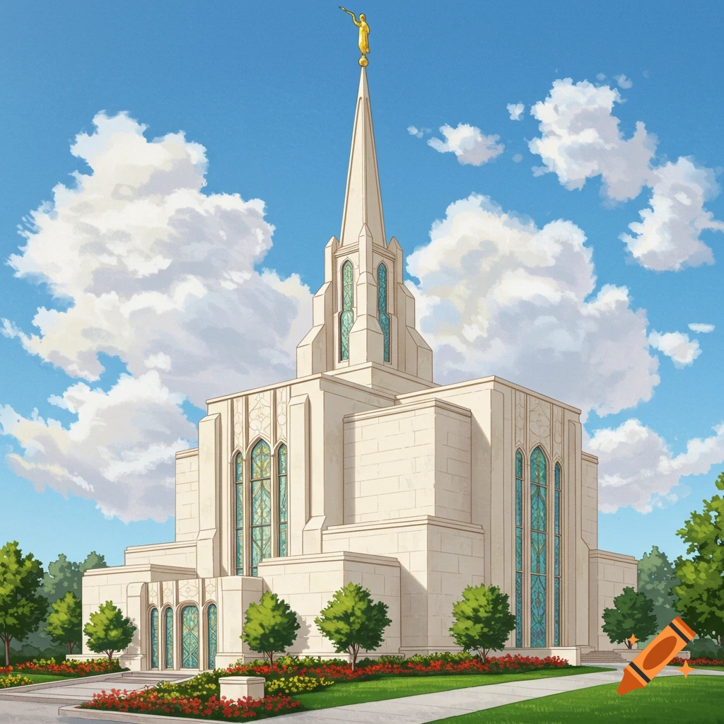 An LDS temple under a blue sky with clouds, surrounded by trees and flowers.