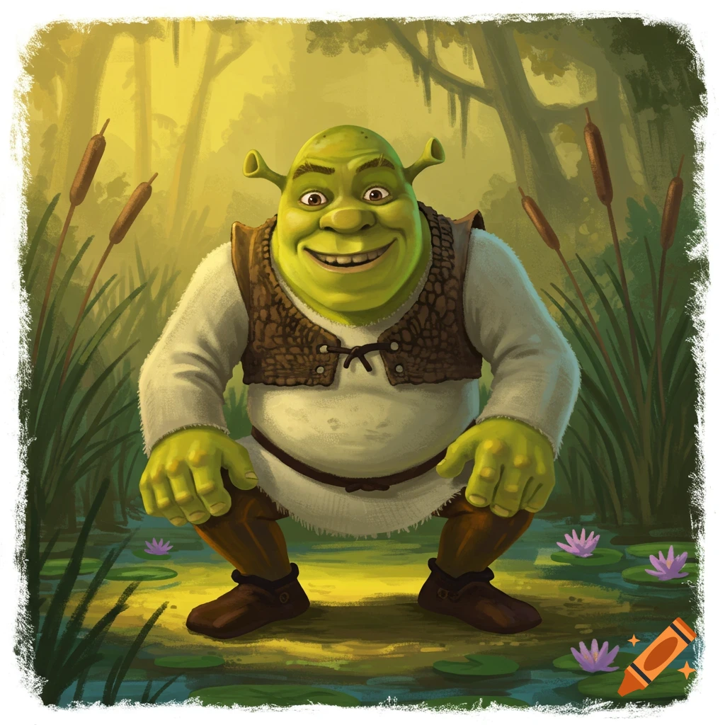 Shrek squats in a swamp with water lilies and reeds in a painted style.