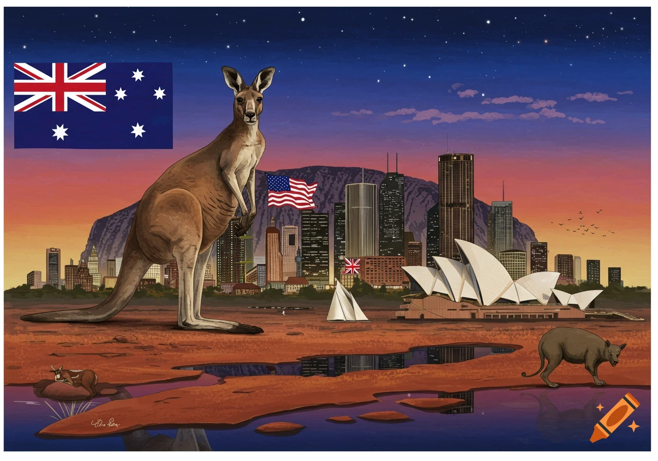 Illustration of a kangaroo, Sydney Opera House, city skyline, and flags in an Australian landscape.