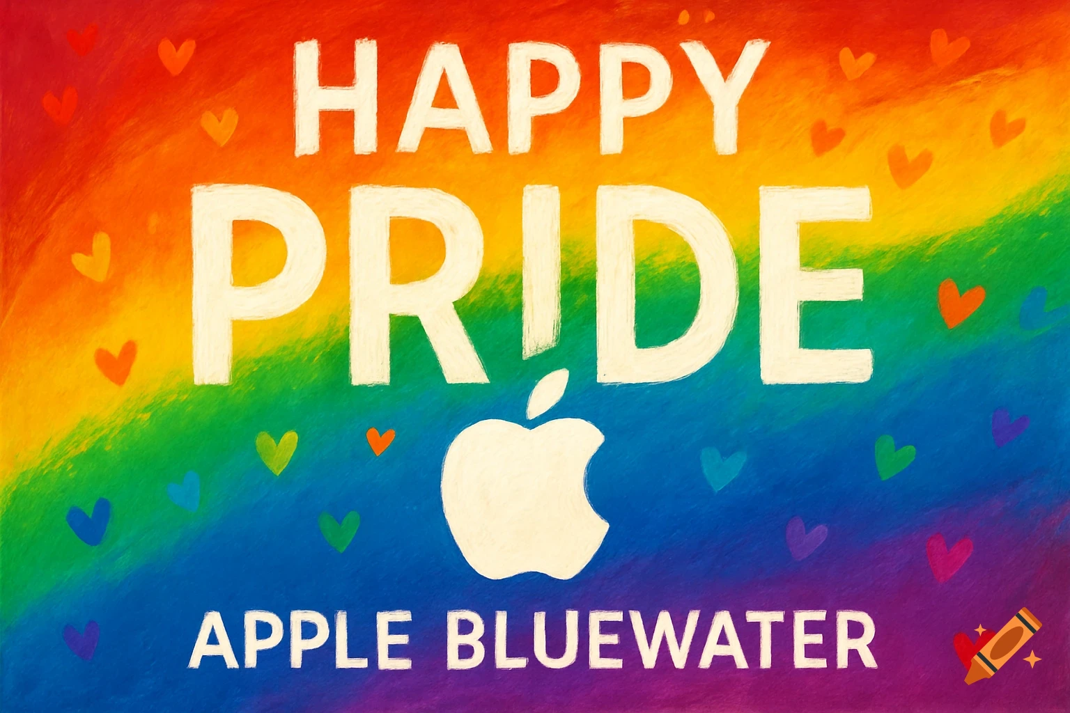 A poster with a rainbow gradient background, scattered hearts, and text that reads "HAPPY PRIDE APPLE BLUEWATER" in a painterly style.