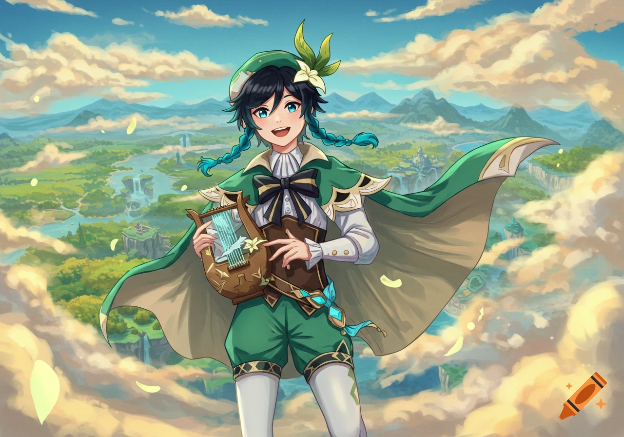 Illustration of Venti from Genshin Impact holding a lyre while floating above a fantasy landscape