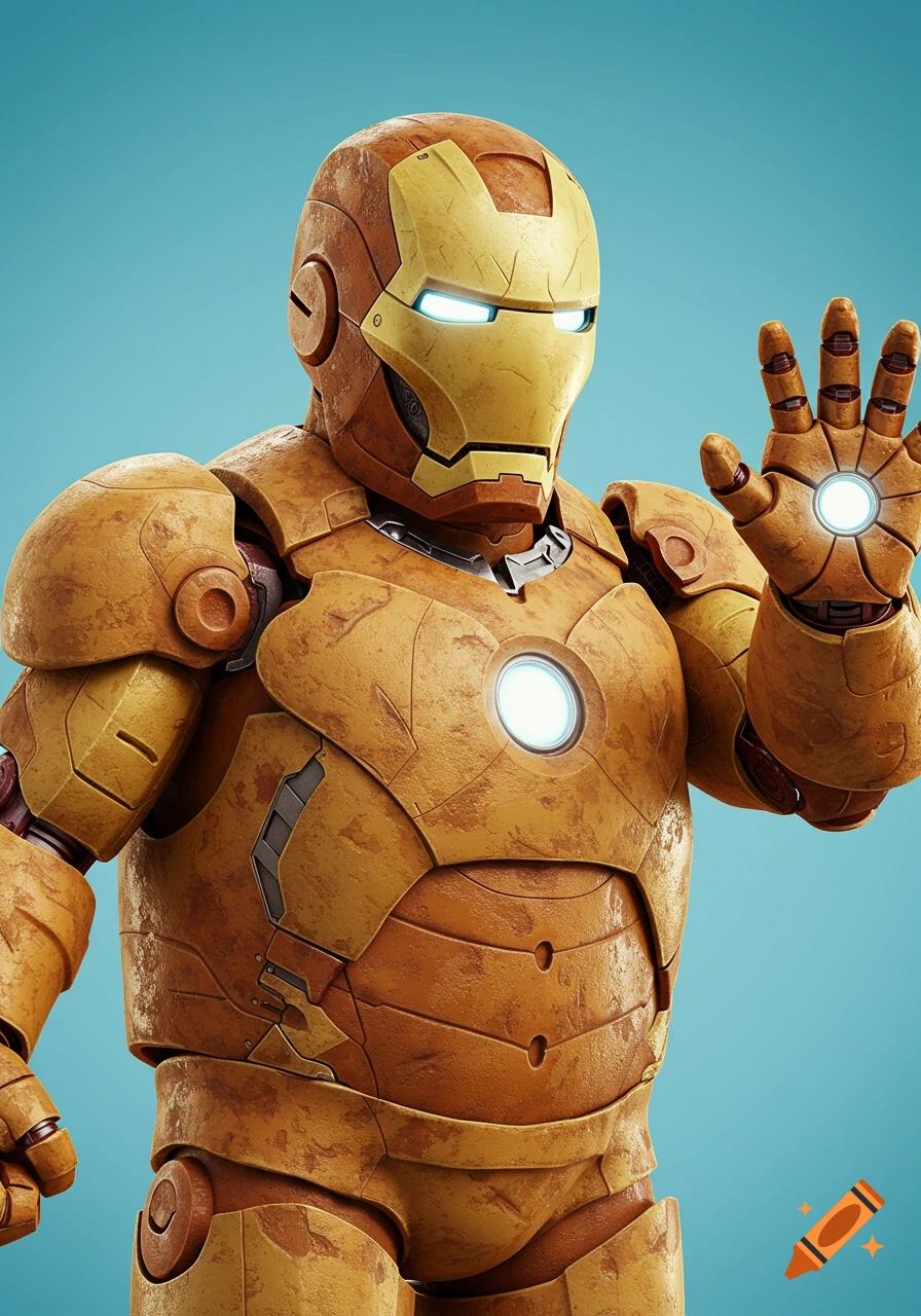 Iron Man in a detailed, textured potato suit stands with his hand up.