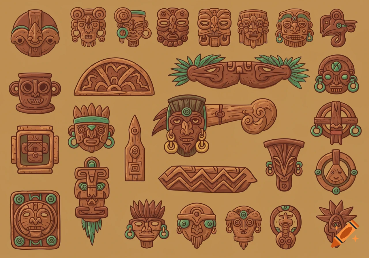Collection of illustrated Taino cultural symbols and wooden masks.