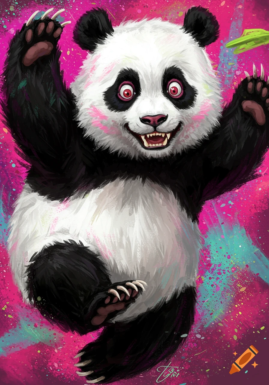 A crazy-looking panda with arms raised against a vibrant splatter background.