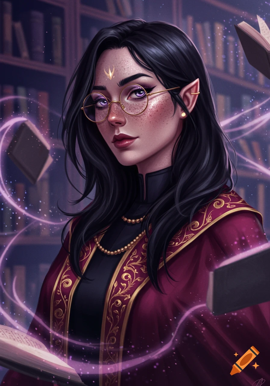 Fantasy character portrait: Female elf with glasses, freckles, in red and gold robes, holding a glowing book in a library.