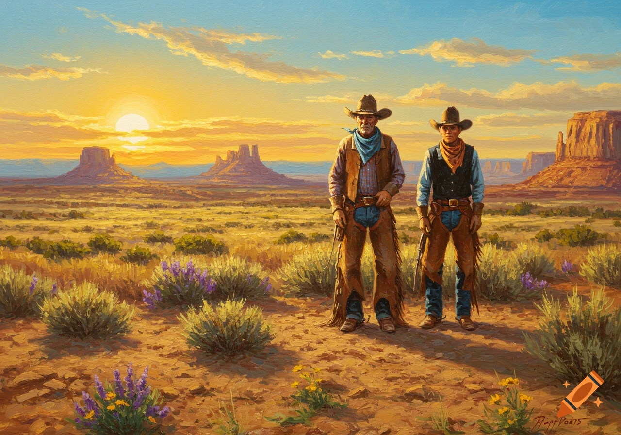 Oil painting of two cowboys standing in a desert landscape with mesas at sunset.