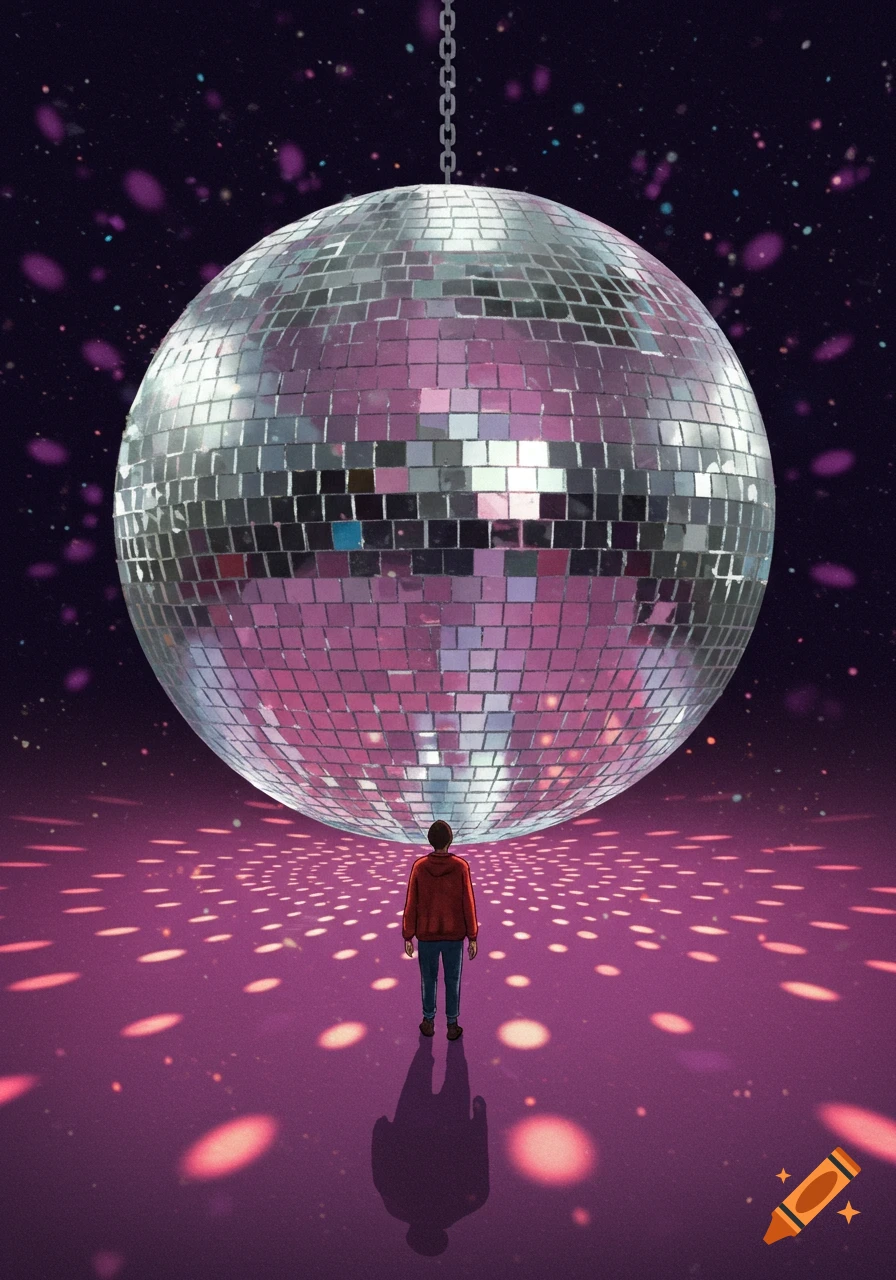 Illustration of a small person standing on a dance floor looking up at a giant disco ball hanging from the ceiling.