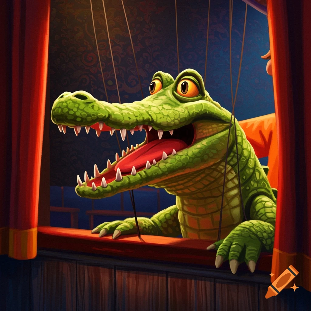 A cartoon alligator puppet performs on a stage.