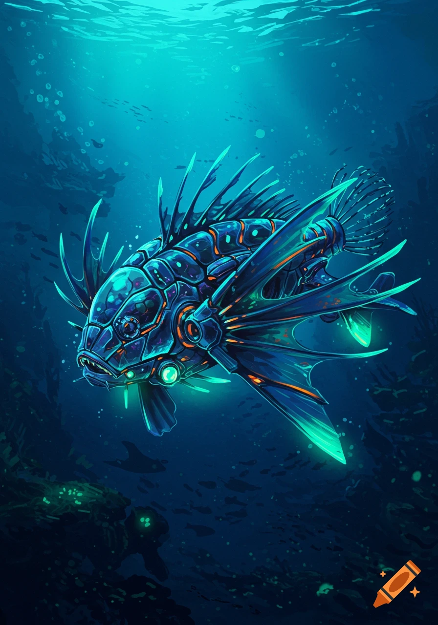 A futuristic mechanical fish swims in deep blue water, glowing with neon lights.