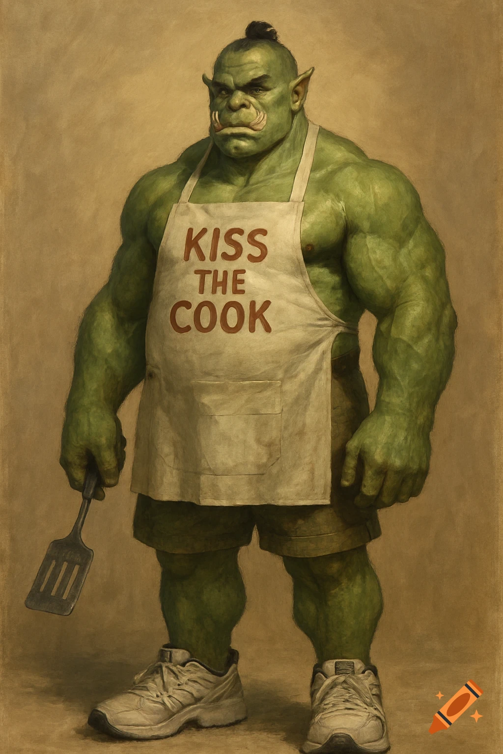 A muscular orc wearing a Kiss the Cook apron, shorts, and sneakers, holding a spatula. Painterly style.