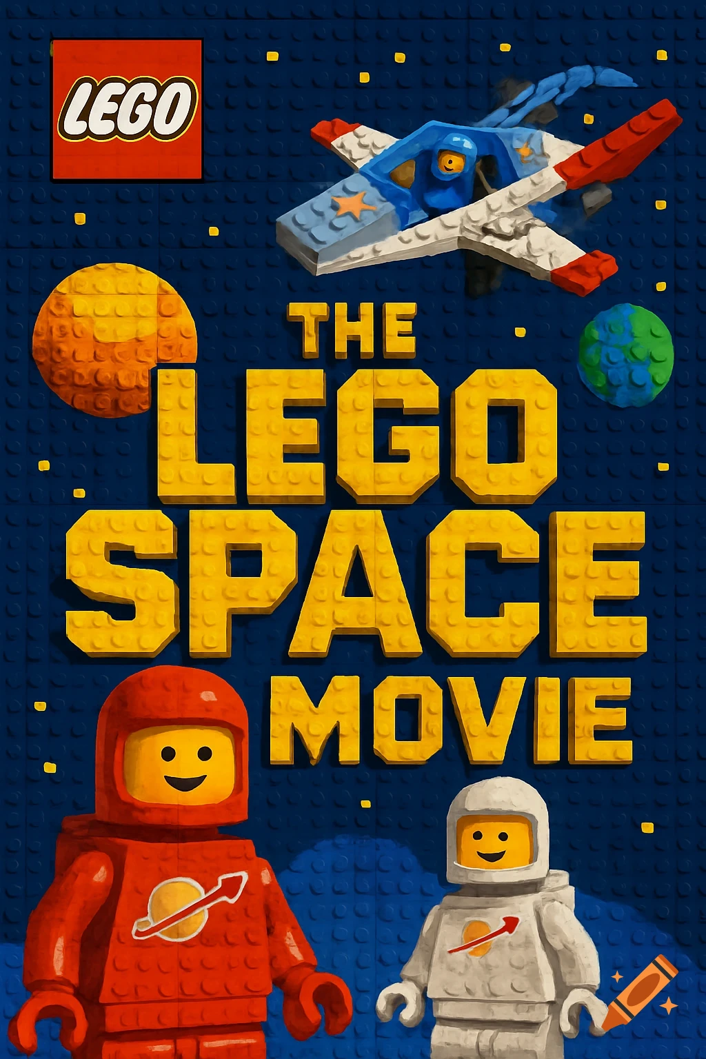 Lego movie poster with astronauts, spaceship, and title text 'THE LEGO SPACE MOVIE' against a blue stud background.