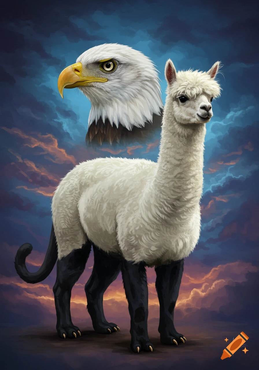 A hybrid creature with a bald eagle head, alpaca body, and black panther legs stands under a dramatic sky in a digital painting.