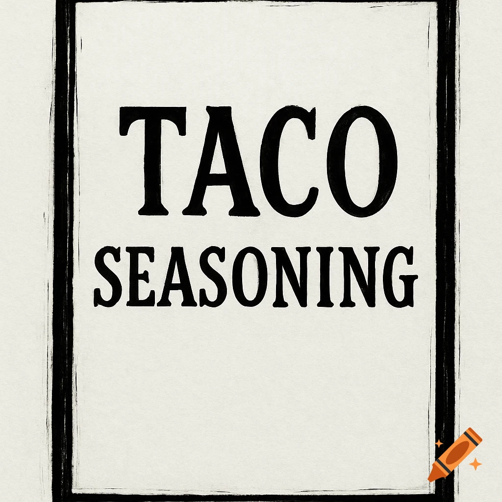 Black and white label with 'TACO SEASONING' text and a rough border.