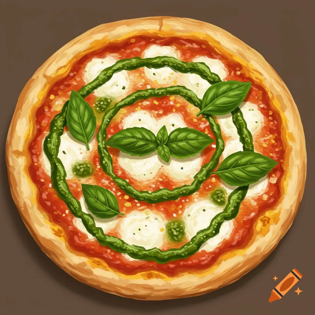 Top-down view of a digital painting of a pizza with tomato sauce, mozzarella, swirling pesto, and basil leaves.
