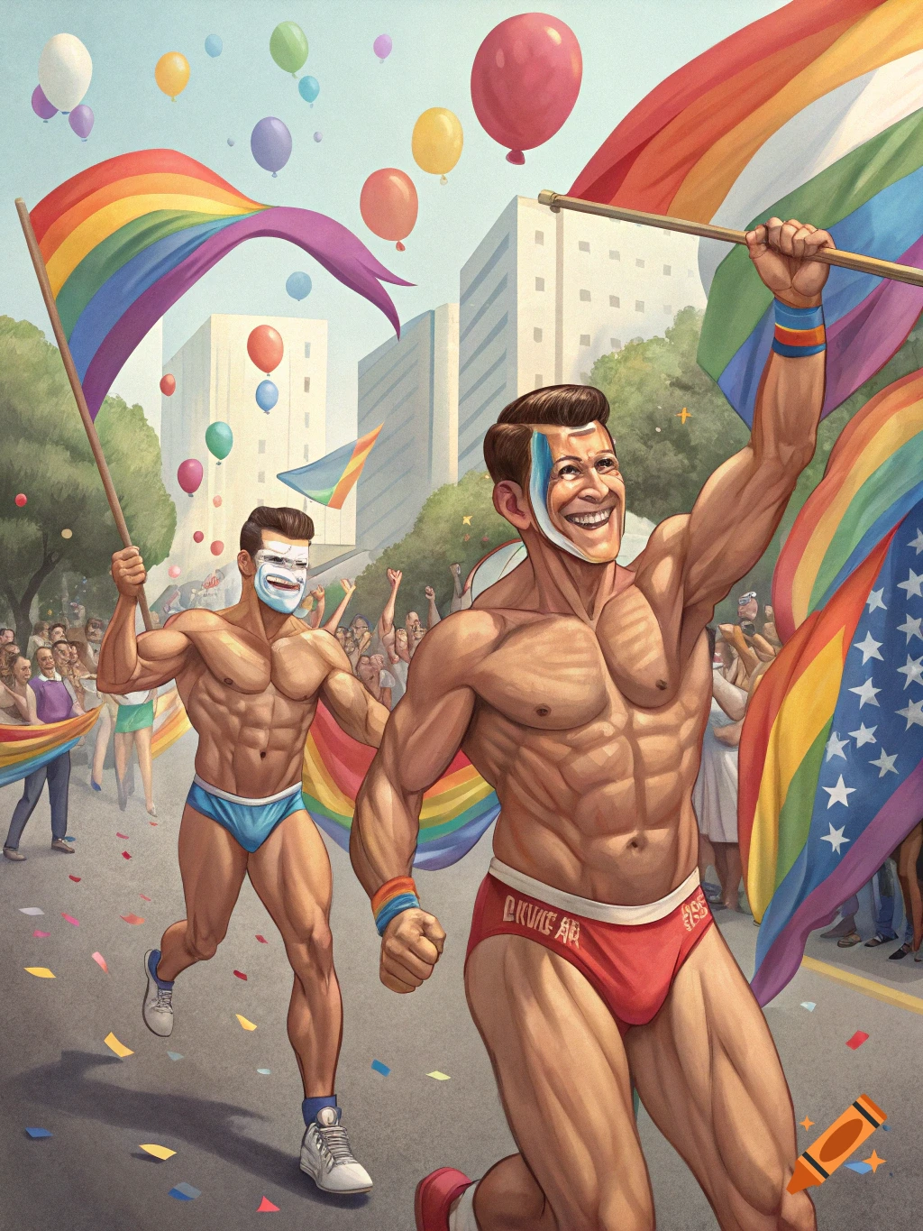 Illustration of muscular men in speedos and face paint carrying rainbow flags in a pride parade with balloons and crowd.