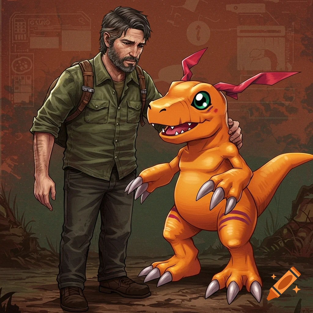 Illustration of Joel from The Last of Us standing with Agumon from Digimon