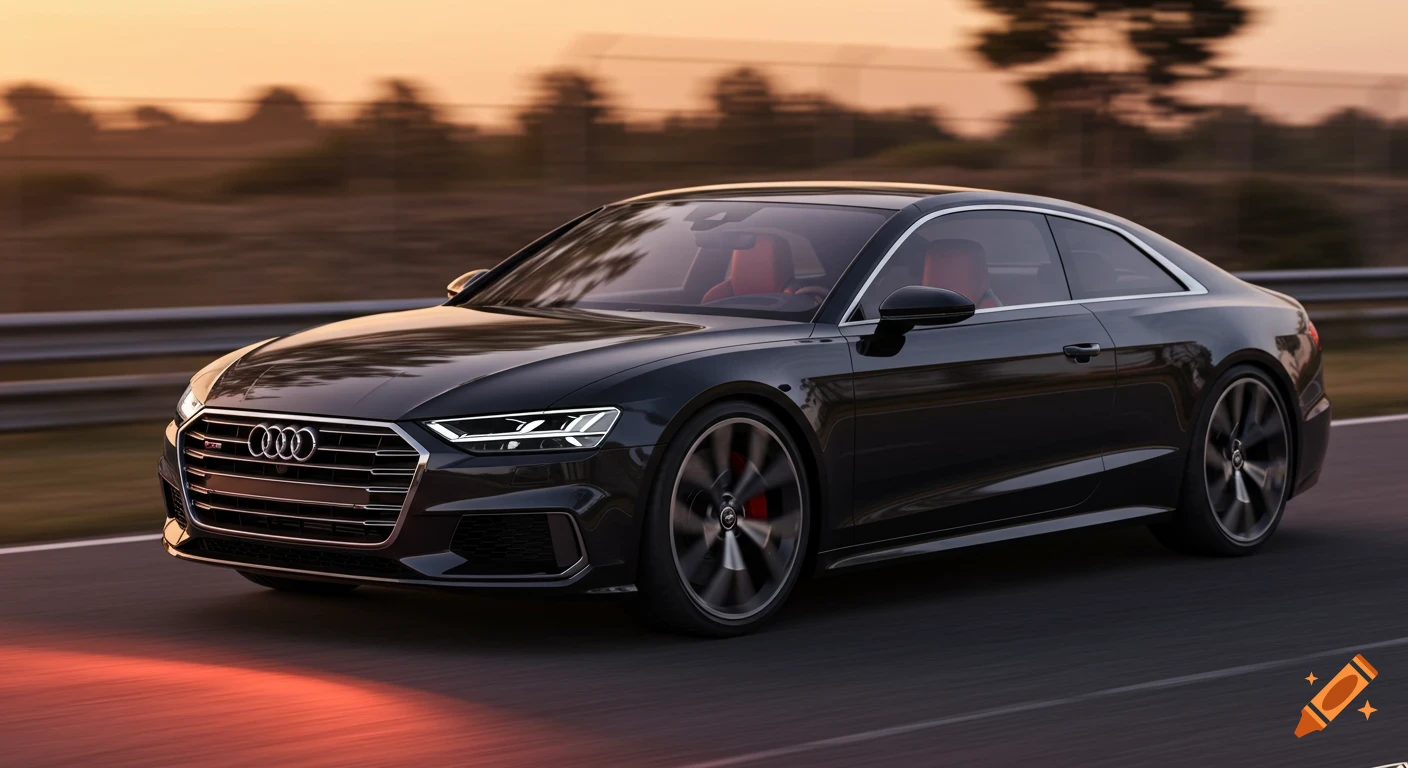 Black Audi coupe concept driving on a road at sunset.