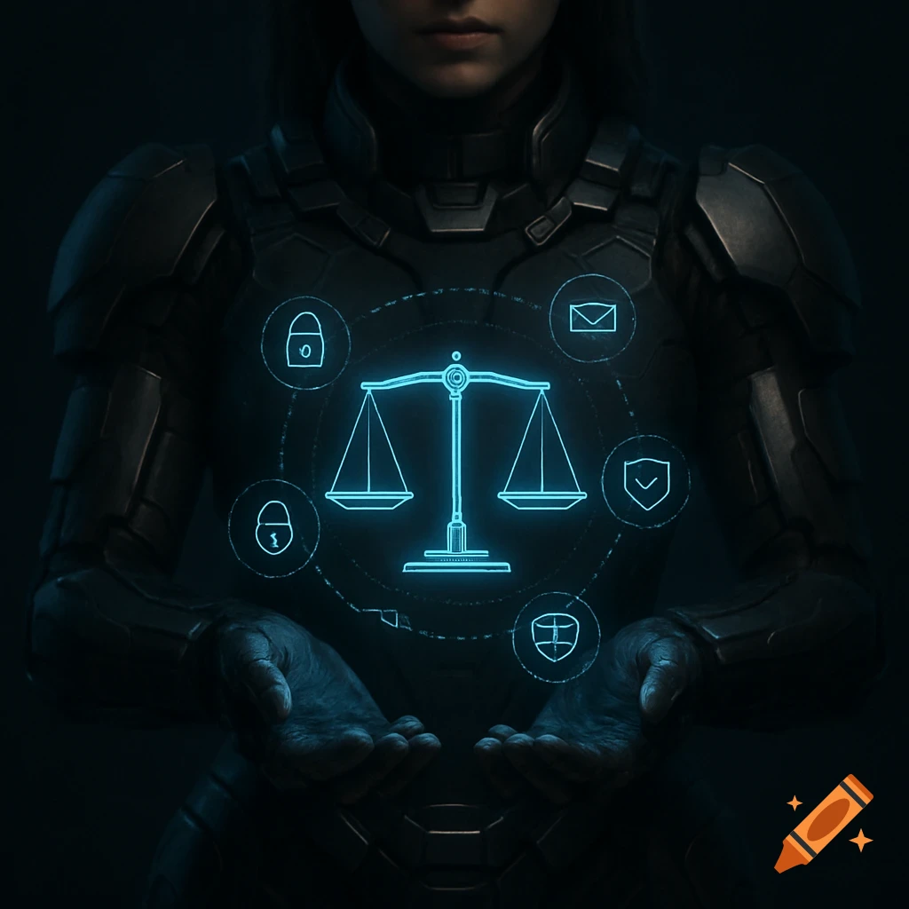 Woman in futuristic armor holding a holographic display of legal scales and cyber security icons.