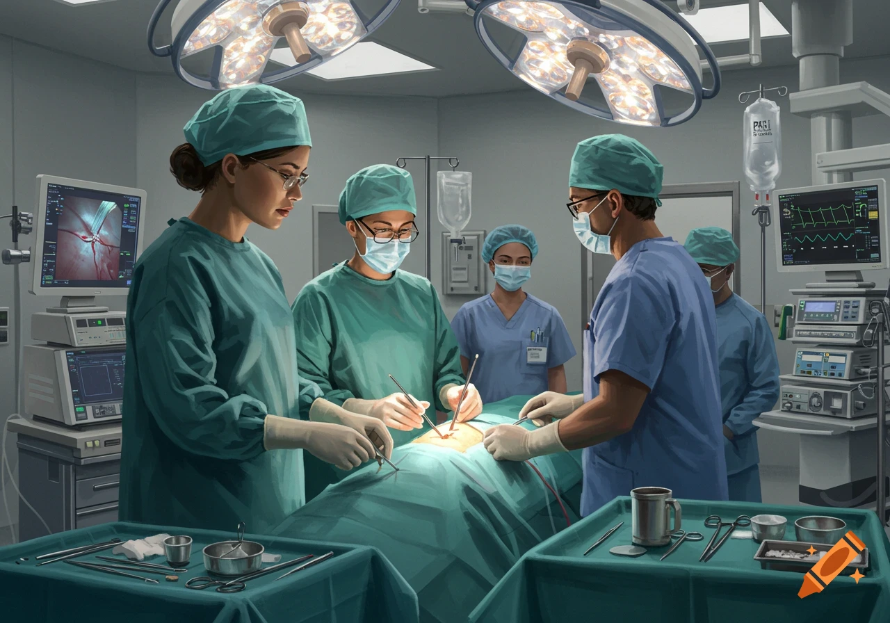 Digital illustration of surgeons in scrubs performing surgery in an operating room.