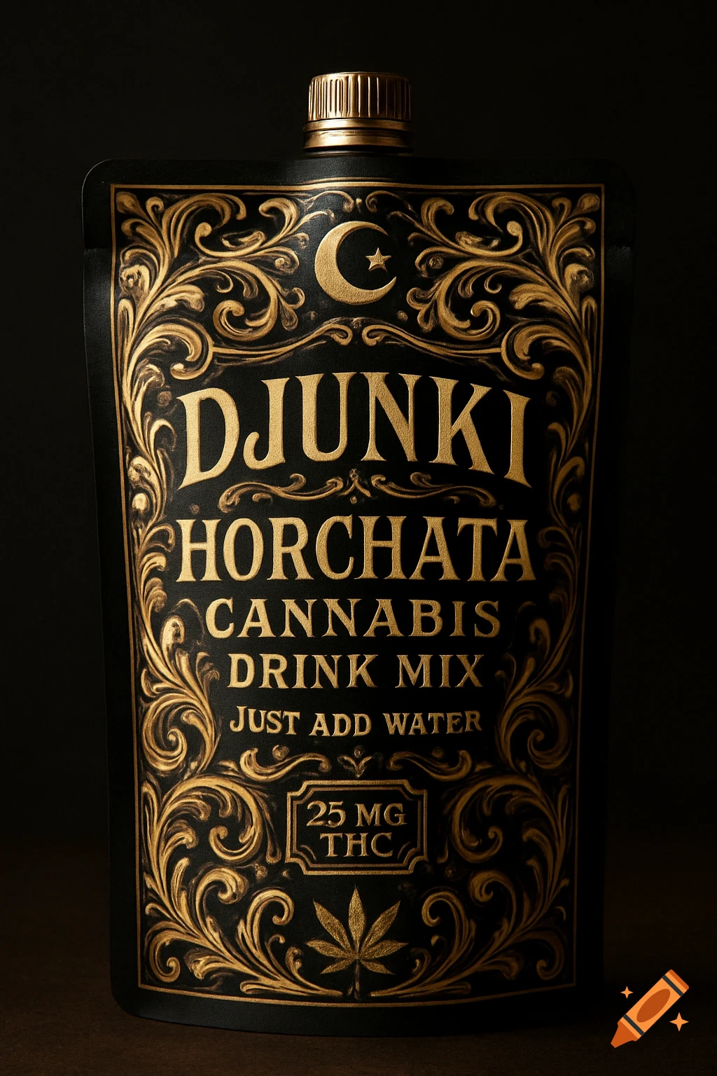 A luxurious gold and black apothecary-style pouch for cannabis drink mix