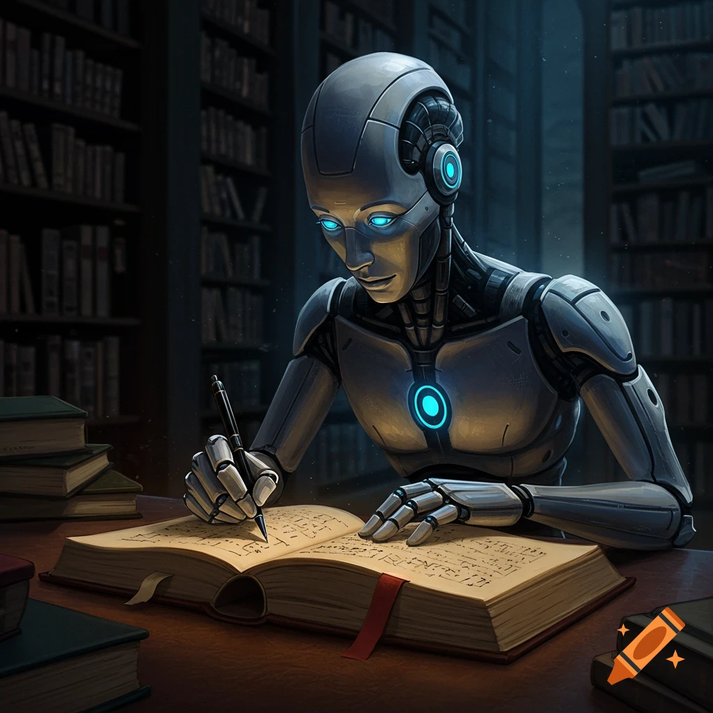 A robotic figure writes in a large book in a dimly lit library, surrounded by bookshelves.