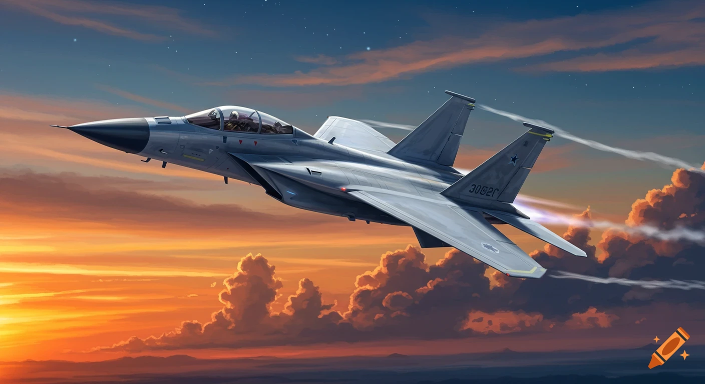 Illustration of a fighter jet flying through orange and blue clouds at sunset.