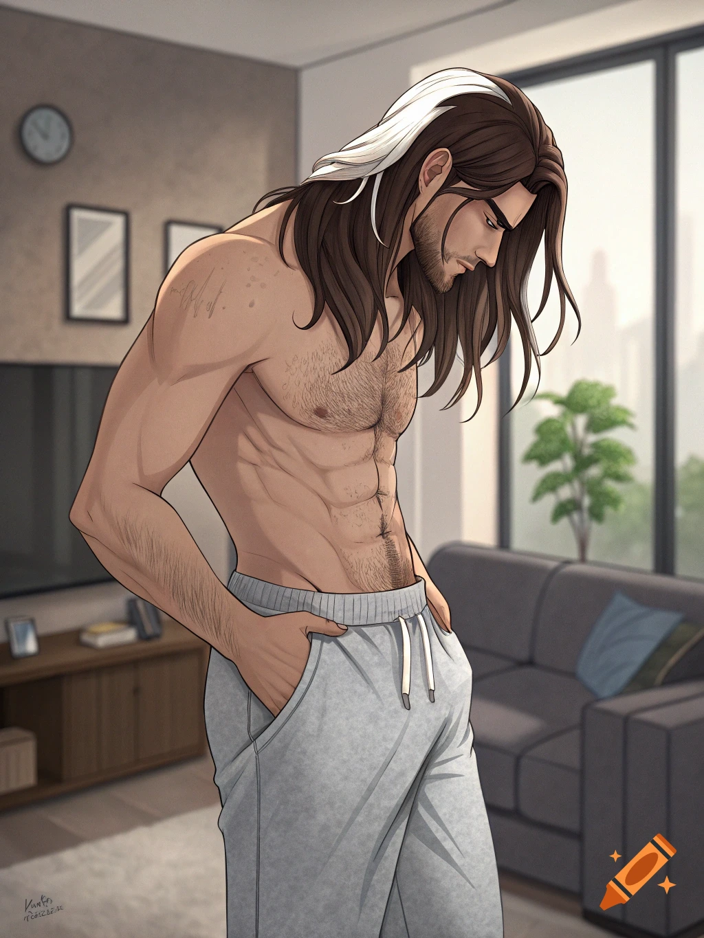 Stylized illustration of a shirtless man with long brown hair and white streaks, wearing grey sweatpants, standing in a living room.