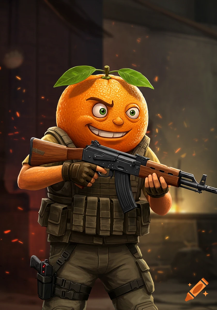 Cartoon orange character in military gear holding a rifle