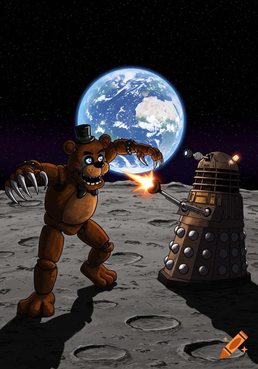 Freddy Fazbear fights a Dalek on the moon with Earth in the background.