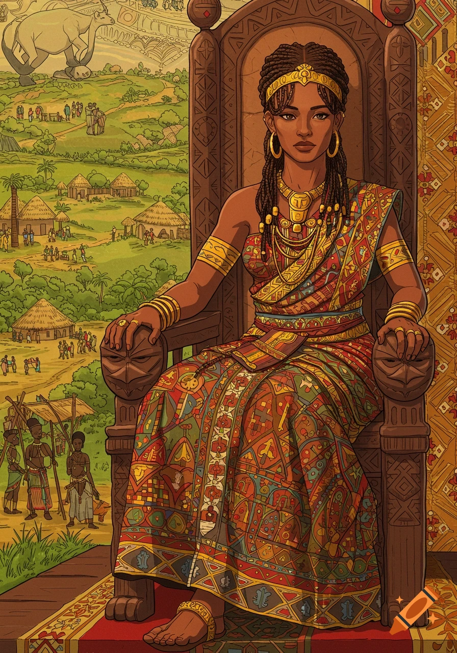 An illustration of an African queen sitting on an ornate throne, wearing traditional elaborate clothing, with a village scene in the background.