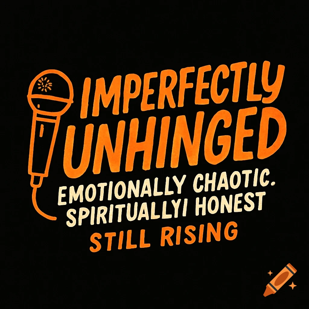 Orange and white logo with text 'Imperfectly Unhinged', 'Emotionally Chaotic. SpirituallyI Honest', 'Still Rising' and a microphone on black.