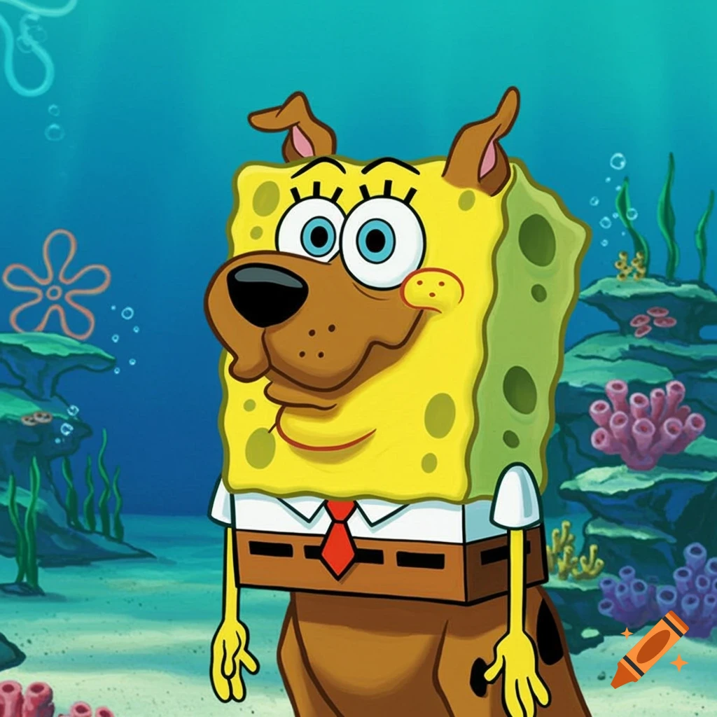 Scooby-Doo's head on SpongeBob SquarePants' body and outfit in an underwater scene.