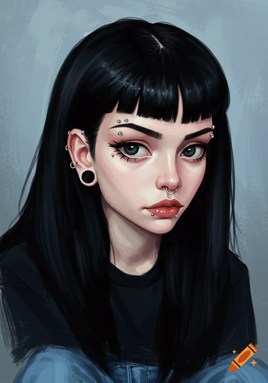 Stylized digital painting of a girl with black hair, fringe, and numerous facial piercings.