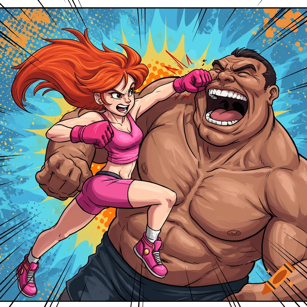 Anime-style girl punches a large muscular man in the face.